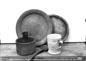 Wooden Utensils, Noggin, Pegeen and Platters Formerly Used in Ireland