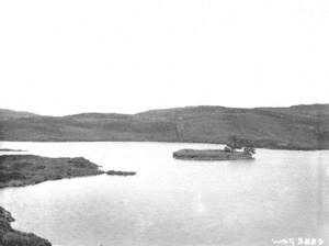 Untitled (a view of a crannogue or island in the lough, Fair Head, Ballycastle, taken in August 1907)