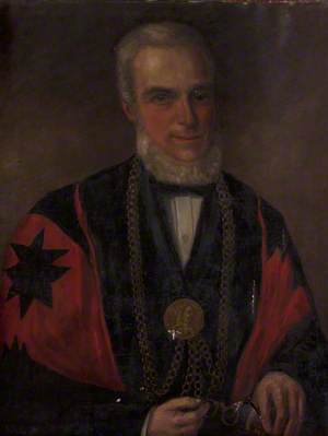 Portrait of a Man in a Black Cape with Red Seven-Sided Stars