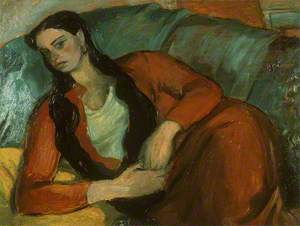 Girl in Red on a Sofa
