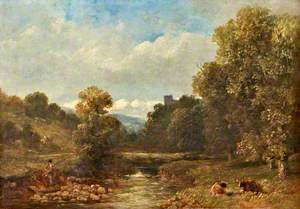 A Wooded River Scene with a Fisherman, and Two Cows Reposing
