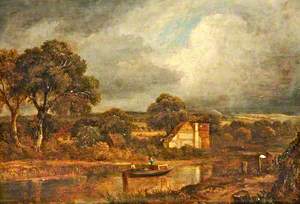 River Scene with a Barge and Cottages