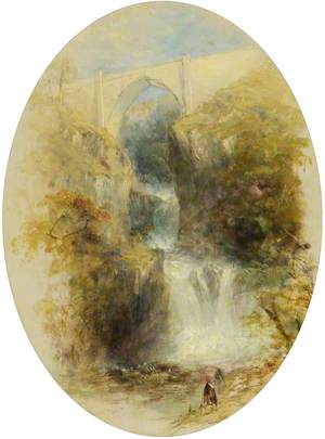 A Waterfall beneath a High Bridge