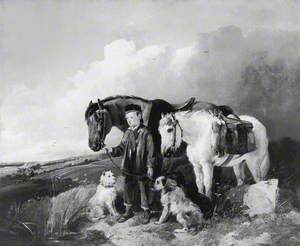 Boy Leading a Riding Horse and a Pony with Hares at the Saddle, and Three Dogs, in an Open Landscape
