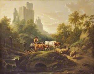 Evening Landscape with a Herdsman, Cattle and Sheep Crossing a Bridge