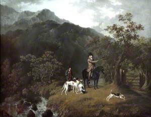 Gentleman on a Black Shooting Pony with a Beater and Dogs in a Mountain Landscape