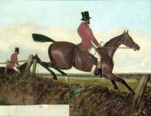 Gentleman on a Chestnut Horse Taking a Fence