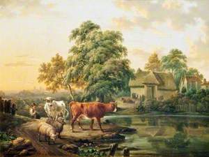 A Farm Landscape with Cattle and Sheep by a Pond