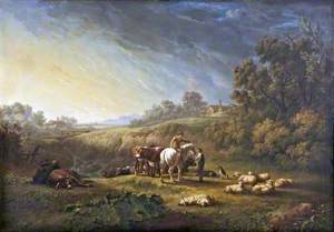 Landscape with Cattle and Sheep and a Rider in Conversation with a Herdsman
