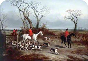 Going Out: Huntsmen with Hounds Passing through a Gate