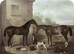 Two Horses with Dogs, Outside a Stable