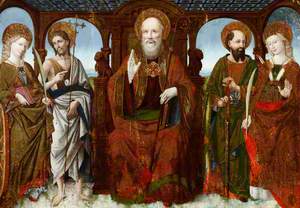 Saint Benedict Enthroned between Saints Catherine and John the Baptist, Saints Paul and Giustina