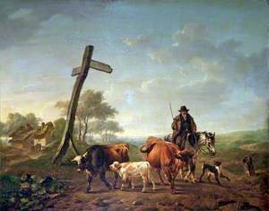 A Drover on Horseback with a Dog Driving Two Cows and a Calf