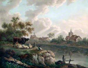 Boy Resting by a River with Cattle and Sheep
