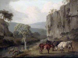 Three Cattle Grazing by a Stream under a Cliff Face