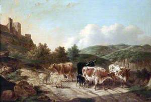 Cattle and Sheep with a Goat in a Mountain Landscape with a Castle