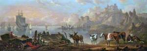Italian Seaport with a Ruined Castle at Sunset, with Cattle and a Donkey