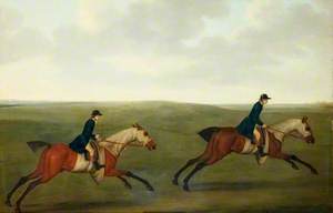 Two Racehorses with Liveried Lads Up, Exercising on a Heath