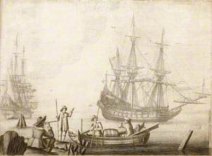 Men in a Boat near Two Dutch Ships
