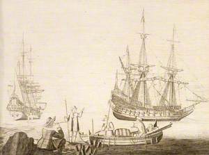 Men in a Boat near Two Dutch Ships