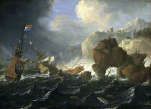Ships and a Galley Wrecked on a Rocky Coast