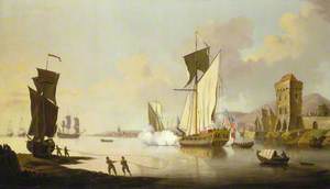 Fishing Scene, with a Yacht Beached near the Shore