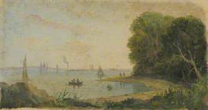 A River Scene with a Rowing Boat and Sails on the Horizon