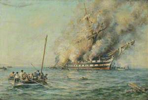 HMS 'Bombay' on Fire off Montevideo, Uruguay, 14 December 1864 (after Beechey)