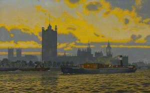 The Wandsworth Gas Company Collier 'Chessington' Moving Upstream on the Thames, near the Houses of Parliament, c.1948