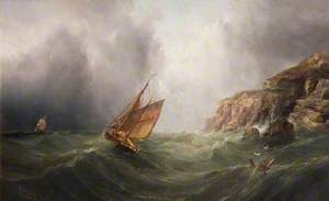 A Coastal Scene with a Cliff, a Fishing Boat and a Merchantman in a Storm