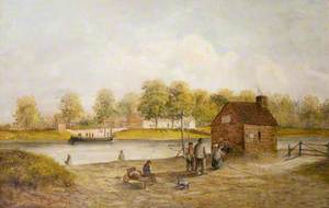 Fishing by the River at Wilford Ferry, Nottingham, Barge in the Background