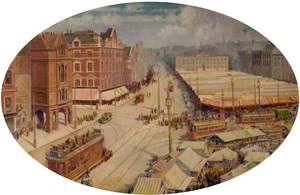 Nottingham Market Square, Pre-Council House Dome, on Market Day, with Trams in View