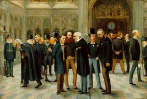 The Lobby of the House of Commons, 1886 (Inspector Denning; Archibald John Scott Milman; John Bright; Sir William Vernon Harcourt; Ralph Allen Gossett; Henry du Pré Labouchere; Charles Bradlaugh; Joe Chamberlain; Charles Stewart Parnell; William Ewart Gladstone; Lord Randolph Churchill; Spencer Compton Cavendish, 8th Duke of Devonshire; Henry Chaplin, 1st Viscount Chaplin; Sir George Leveson Gower; Charles Robert Spencer, 6th Earl Spencer; Lord Arthur William Hill; Mr Hansard)
