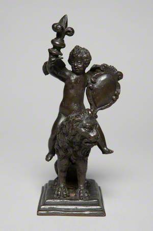 Putto Sitting on a Seated Lion Holding a Shield and Fleur-de-Lys Torch