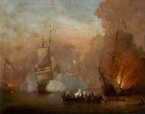 A Naval Engagement between an English Ship and Barbary Ships