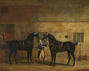 Two Carriage Horses in a Stable