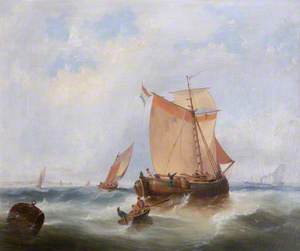 Fishing Boats and a Steamboat in a Choppy Sea
