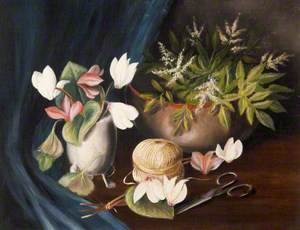 Still Life of Cyclamen, Astilbes and Scissors