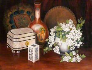 Still Life with White Flowers, a Ceramic Flask and a Casket