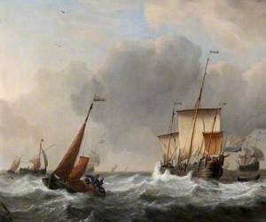 A Dutch Three-Master and a Boeier in the Foreground, Her Mainsail Being Lowered in Stormy Weather