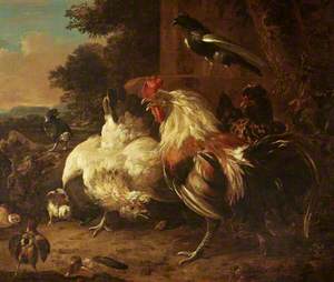 A Cock and Two Hens, with Chicks, in a Landscape Setting