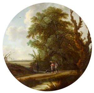 Landscape with Figures Passing a Pond and a Resting Traveller, a View of Overschie and Rotterdam Beyond