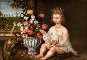 A Royal Child Seated by a Vase of Flowers, a Monkey with a Garden beyond and the Figure of Pomona Walking in It