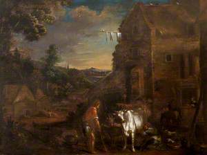 A Wooded Landscape with a Milkmaid Milking a Cow and Labourers Outside a Farm Building