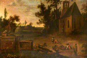 A Wooded Landscape with a Churchyard and Gravediggers