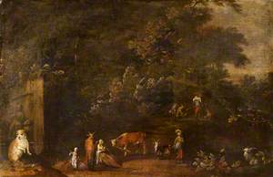 A Wooded Landscape with Herdsmen, Cattle and Goats Watched Over by a Dog by a Monument