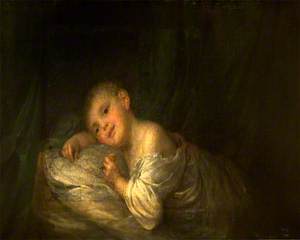 A Child Lying on a Bed, Holding a Flower