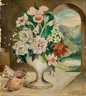 Still Life with Flowers in a Vase with Seashells, and a Mountain View