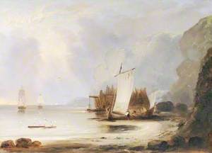 Men-of-War Becalmed at Anchor, with Fishermen and Boats on the Beach