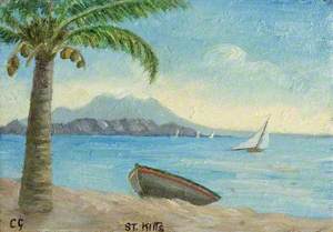 View of Nevis from St Kitts, with a Palm Tree